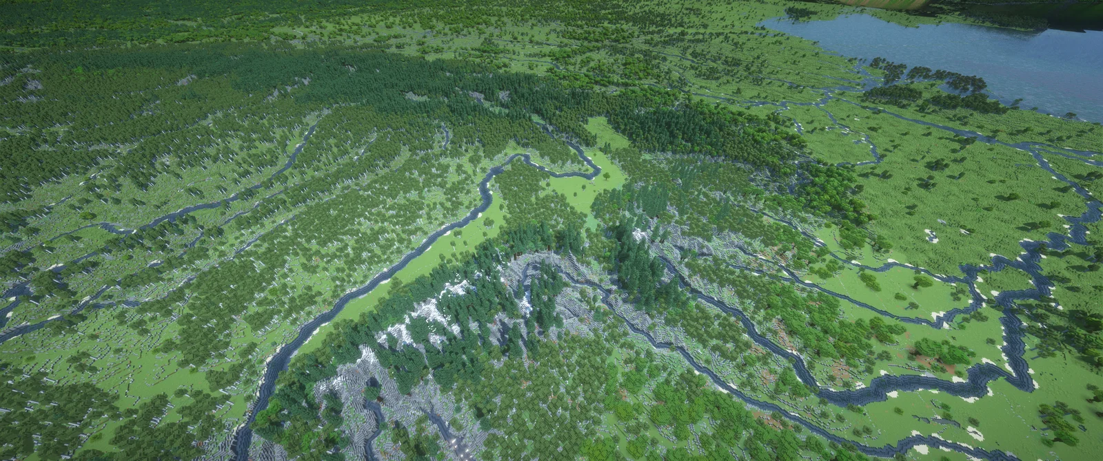 Forests, mountains, and winding rivers in a Minecraft world generated with MC Earth Maps